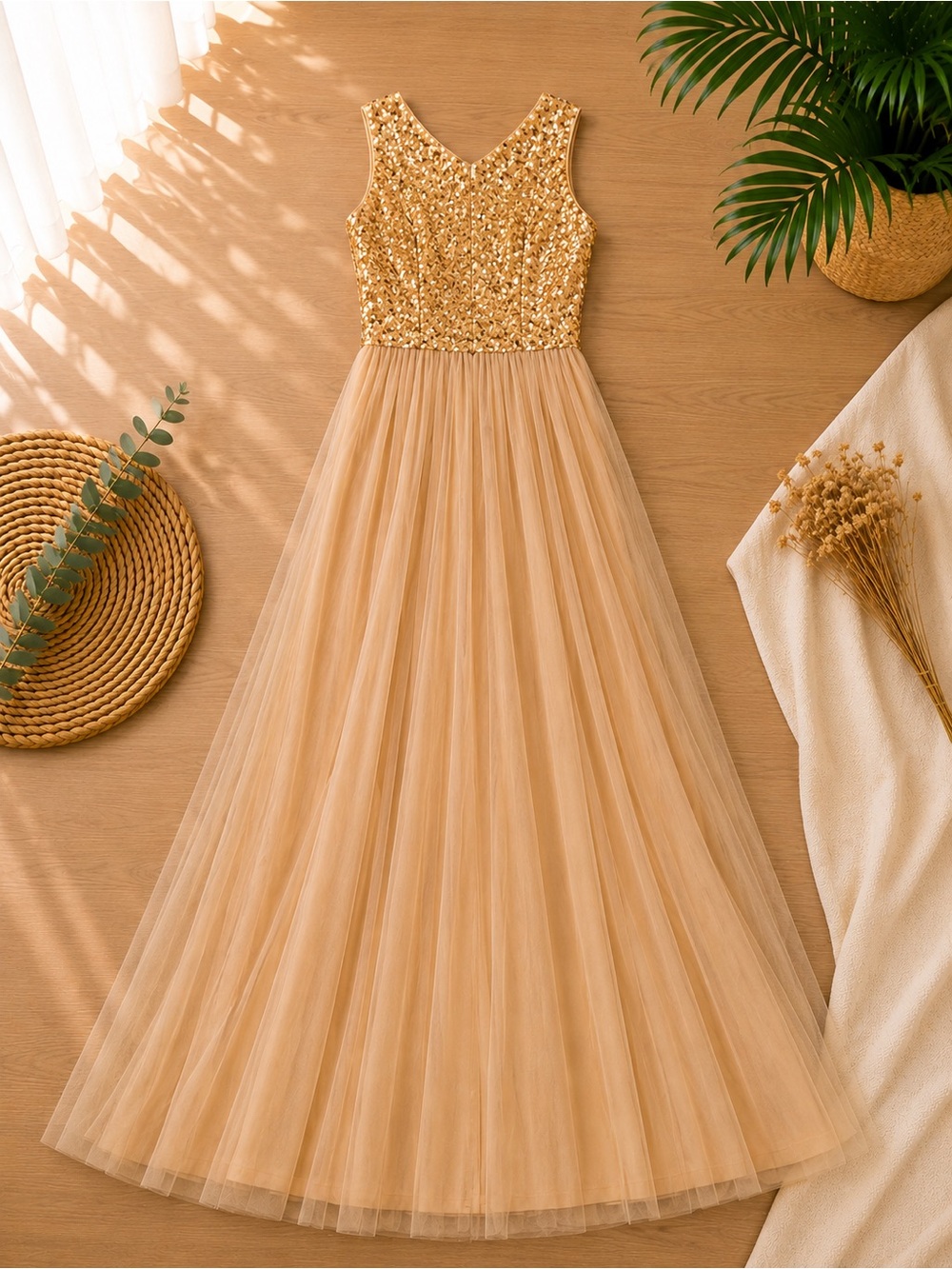 Sleeveless Gold Sequin Bodice Tulle Maxi Dress - Women